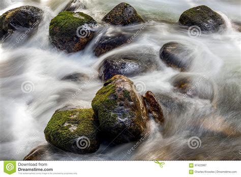Moss Covered Rocks In The Path Of Water From A Creek Stock Image