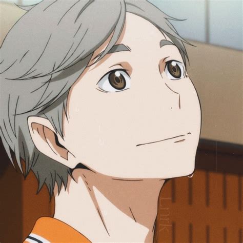 An Anime Character With Grey Hair And Brown Eyes Looking Up At