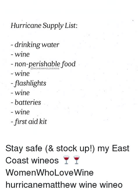 Granola bars and power bars. Hurricane Supply List Drinking Water Wine Non-Perishable ...