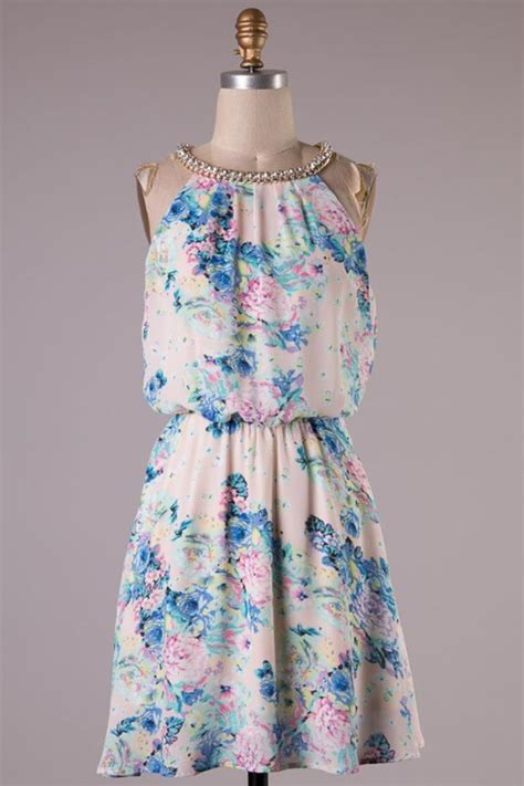 Pink And Blue Floral Dress With Rhinestone Detail