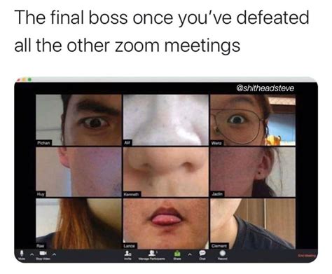 First, as we head into another month of lockdown, it appears that many zoom here are 15 of our favorite memes mocking our new virtual meeting world. The Final Boss Once You've Defeated All The Other Zoom ...