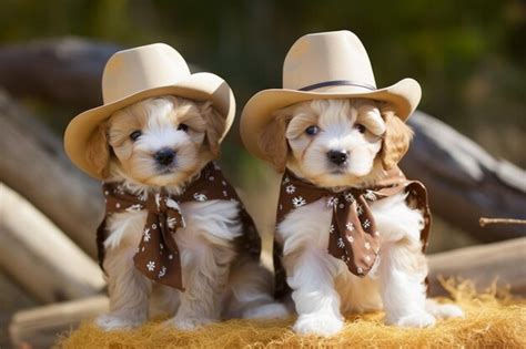 Premium Ai Image Two Puppies Wearing Cowboy Hats Sit On A Blanket