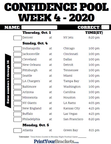 I talk about the steelers, ravens, lamar jackson, chiefs/patriots, broncos/jets. NFL Week 4 Confidence Pool Sheet 2020 - Printable