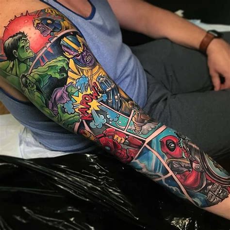 marvel comics tattoo sleeve by derek turcotte comic tattoo marvel tattoos comic sleeves