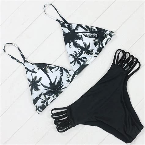 coconut tree print bikini set low waist sexy women bikinis bandage swimwear cut out sexy bathing