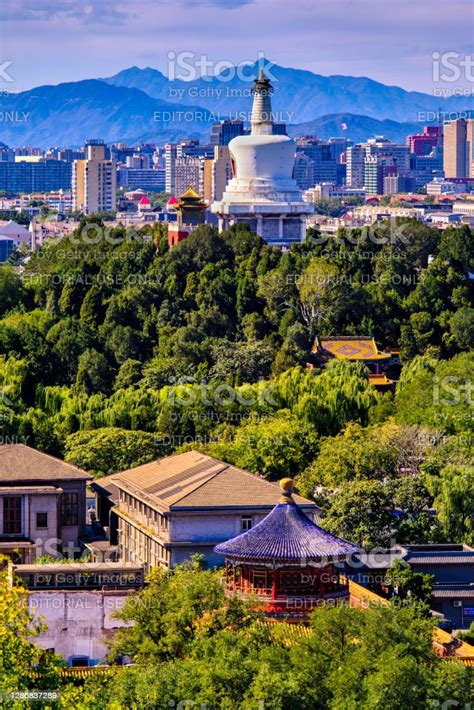 White Pagoda And West Beijing View From Jingshan Park Hill Stock Photo