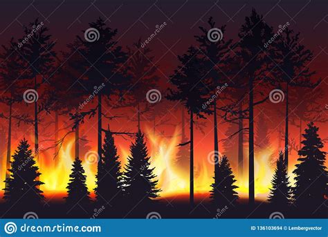 Forest Fire Realistic Silhouette Landscape Vector Illustration Stock
