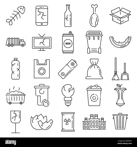 Garbage Rubbish Icons Set Outline Set Of Garbage Rubbish Vector Icons