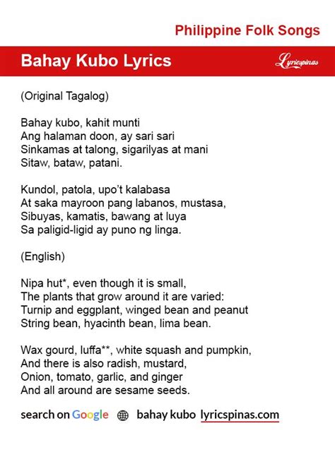 Bahay Kubo Lyrics Tagalog Halimbawa
