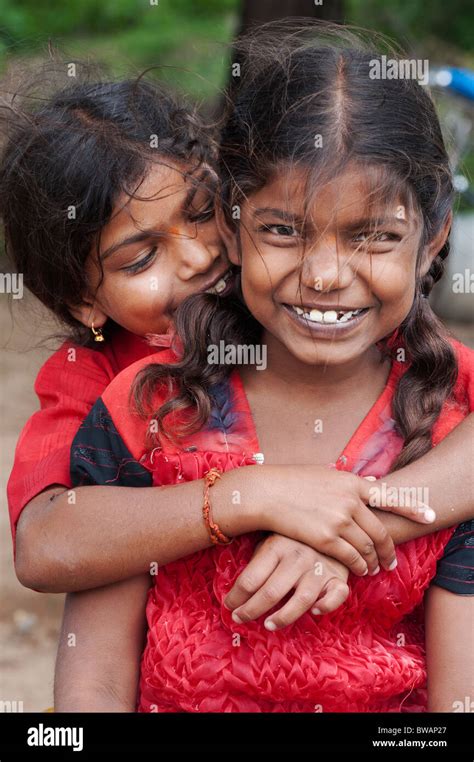 Smiling Happy Hugging Indian Village Girls Andhra Pradesh India Stock