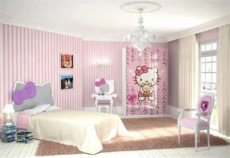 I love the pink and white stripes on these walls, paired with purple accents and the orange flooring. Pink and white striped walls Hello Kitty bedroom for ...
