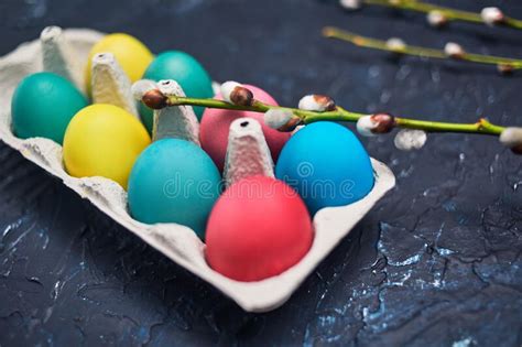 Happy Easter Painted Multi Colored Pastel Eggs In An Egg Carton Stock