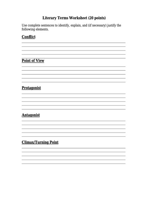 Literary Terms Worksheet 20 Points Printable Pdf Download