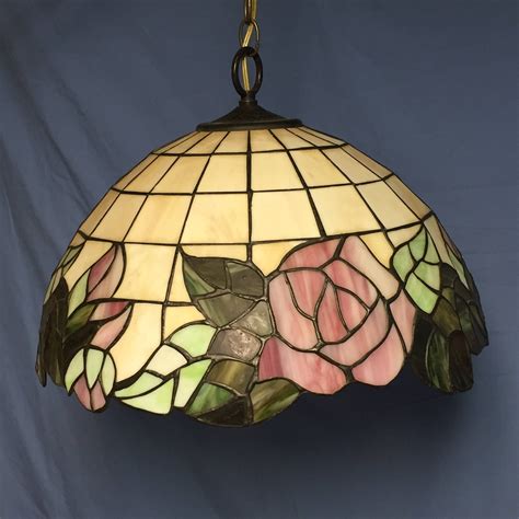 Vintage Purple Green Floral Stained Slag Glass Hanging Ceiling