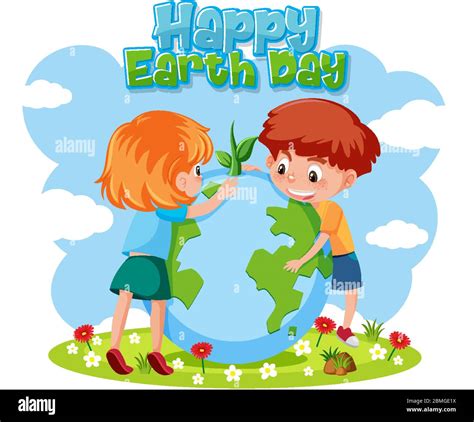 Poster Design For Happy Earth Day With Happy Children Planting Tree