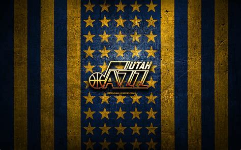 Utah Jazz Flag Nba Blue Yellow Metal Background American Basketball