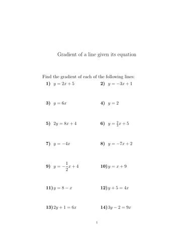 Gradient Of A Line Given Its Equation Worksheet With Solutions