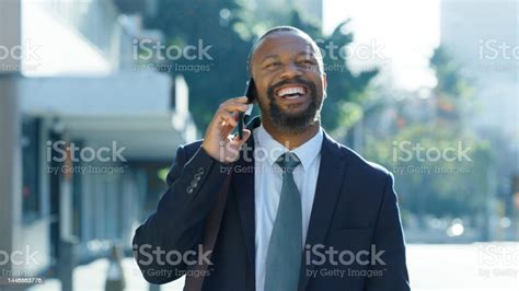 Black Man Phone Call And City For Business Conversation With A Smile