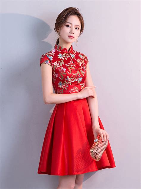Red Woven A Line Qipao Cheongsam Party Dress CozyLadyWear