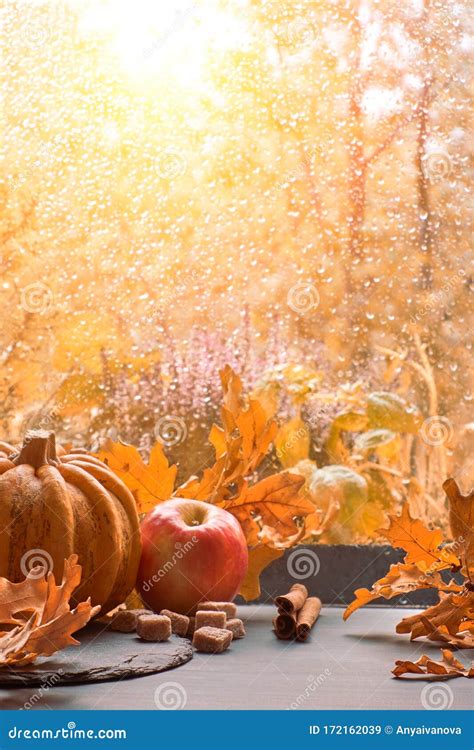 Autumn Background With Pumpkins And Dry Leaves On A Window Board On A