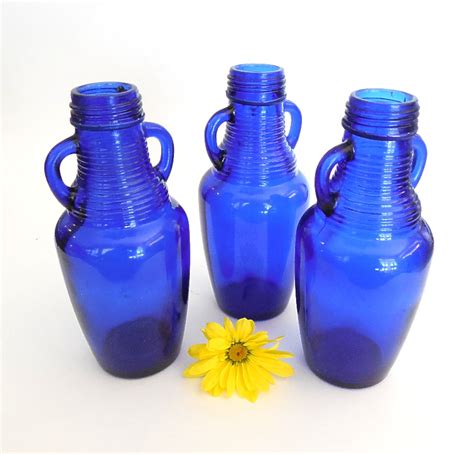 Cobalt Blue Glass Bottle With Handles Set Of 3 Vintage Etsy