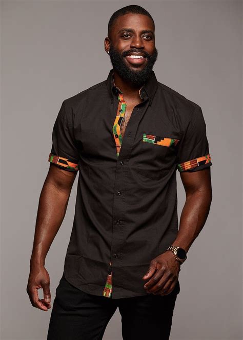 Tops Dami Button Up African Print Trim Shirt Yellow Green Kente