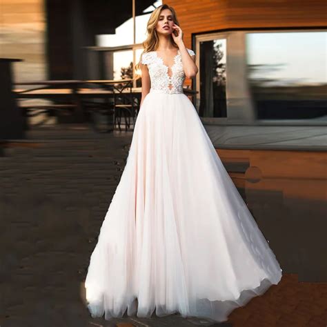 Lorie Beach Wedding Dress 2018 Cap Sleeve Appliques Lace Tulle A Line