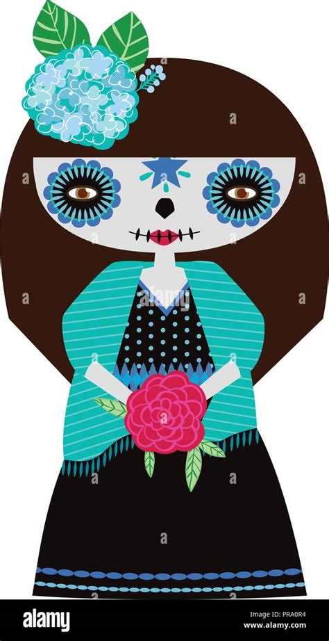 Vector Illustration Of Blue Catrina Doll On A White Background