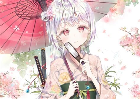 Wallpaper Anime Girl Kimono White Hair Umbrella Pink