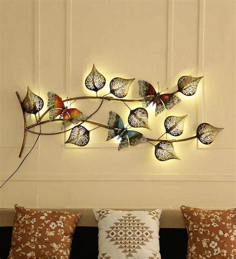 Buy Metal Butterfly On Leaf With Led In Multicolour Wall