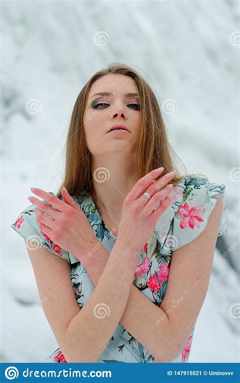 Beautiful Girl In Winter In A Dress And At The Waterfall Stock Image