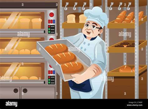 A Vector Illustration Of Happy Baker Holding Breads In The Kitchen