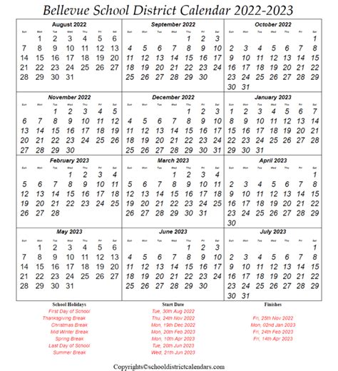 Bellevue School District Washington Calendar Holidays 2022 2023 School