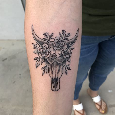 Bull Skull Tattoo With Flowers Bethel Washburn