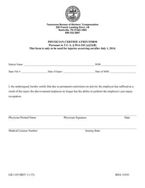 Fillable Online tennessee PHYSICIAN CERTIFICATION FORM Pursuant to TCA 50-6-242 - tennessee Fax ...