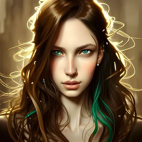 Photorealistic Portrait Of Woman With Green Eyes Long Wavy Brown Hair