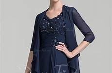 knee chiffon sheath length dressfirst navy dark color sequins column ruffle beading bride neck mother dress