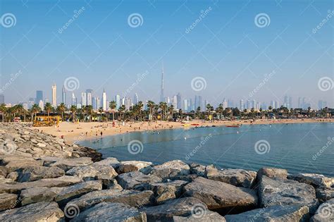 dubai united arab emirates may 11 2021 la mer beach and dubai downtown skyline from rising