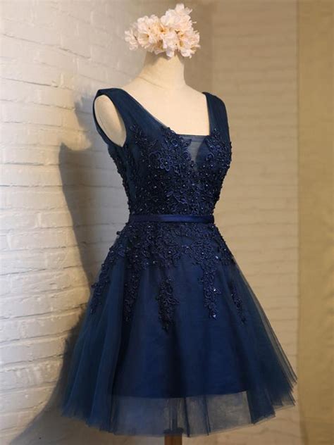 Custom Made A Line Short Navy Blue Prom Dresses Short Lace Homecoming
