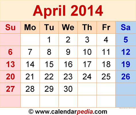 April 2014 Calendar | Templates for Word, Excel and PDF