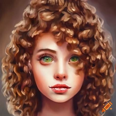 cartoon girl with green eyes and curly brown hair on craiyon