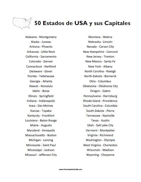 Lista De 50 Estados De Usa Y Sus Capitales Para Imprimir Gratis