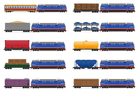 Set Icons Railway Train With Locomotive And Wagons Vector Illustration