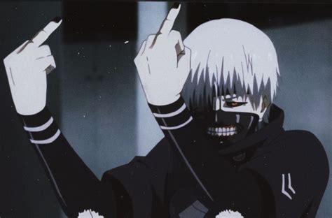 An Anime Character With White Hair And Black Eyes Holding Up Two