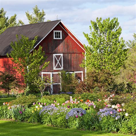 Red Barn And Spring Garden Square Photograph By Alan L Graham Fine
