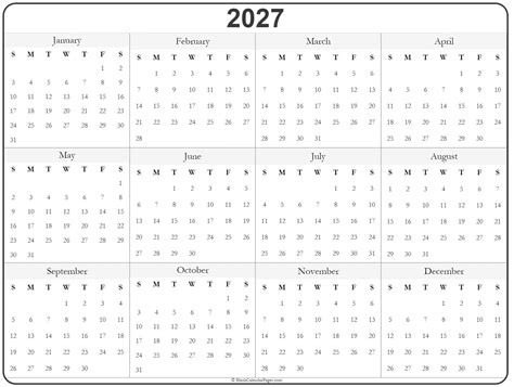 2027 Year Calendar Yearly Printable