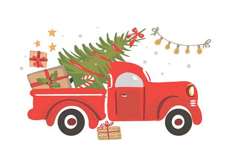 Christmas Truck Vintage Vector Illustration Christmas Red Truck With A