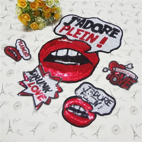 5pcs red sexy lip love sequins patches for clothes embroidered sew on patch clothing accessories