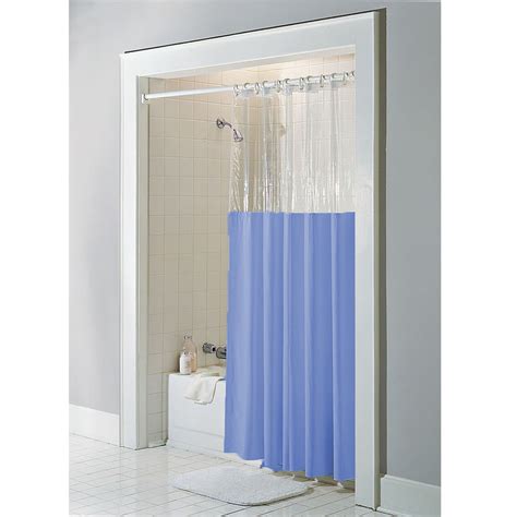 Blue Vinyl Windowed Shower Curtain Liner Clear Top Standard Size 72