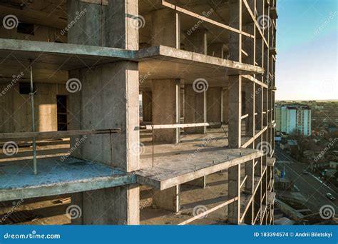 Aerial View Of Concrete Frame Of Tall Apartment Building Under